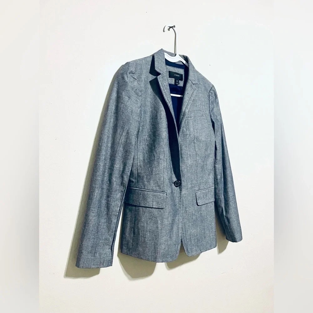 NWOT J.‎ Crew Blazer 100% Cotton Structured Chambray Like Material Grey Blue 00